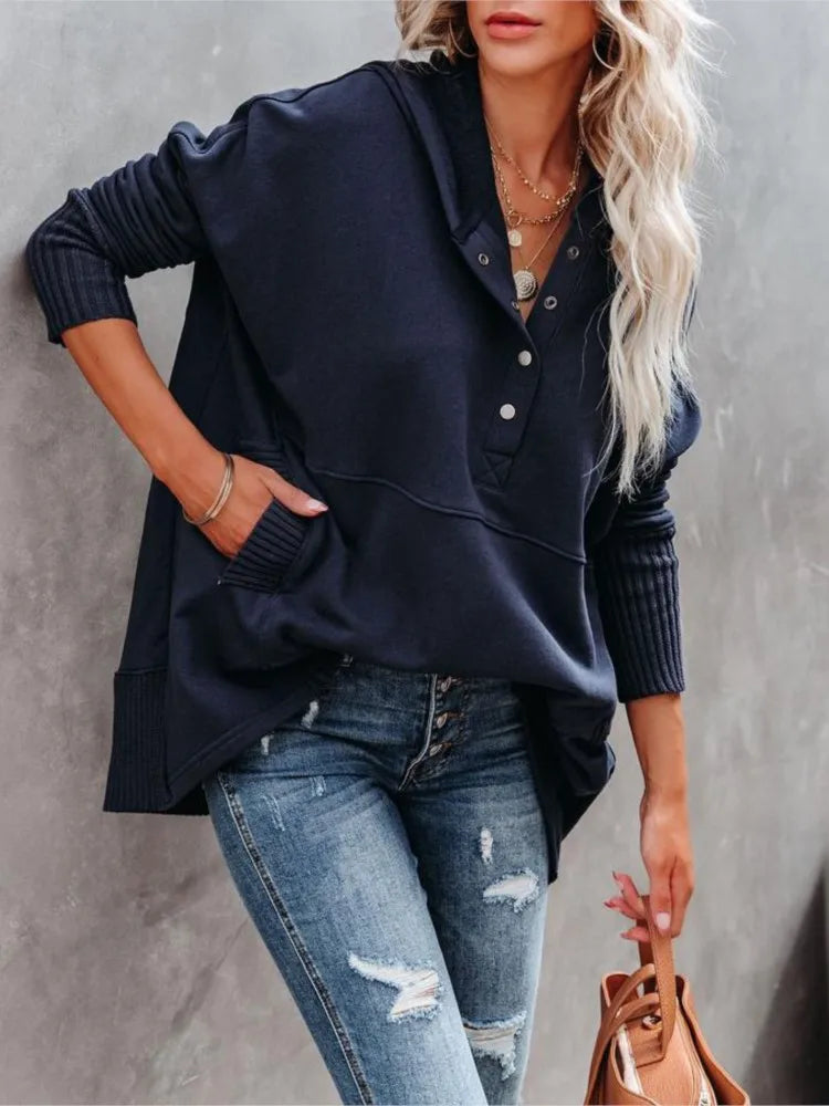 Casual Loose White Women Sweatshirt Autumn Winter V-neck Hooded Batwing Sleeve Hoodie Threaded Splicing Top For Women Pullovers