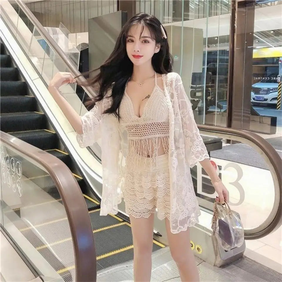 Three Piece Sets for Women Hollow Out Cardigan Halter Camisole Wide Leg Shorts Vacation Knitted Home Suits Beach Style E981