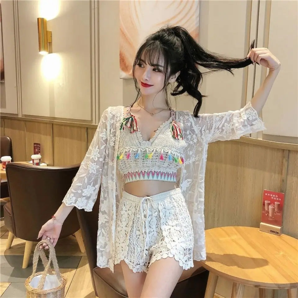 Three Piece Sets for Women Hollow Out Cardigan Halter Camisole Wide Leg Shorts Vacation Knitted Home Suits Beach Style E981