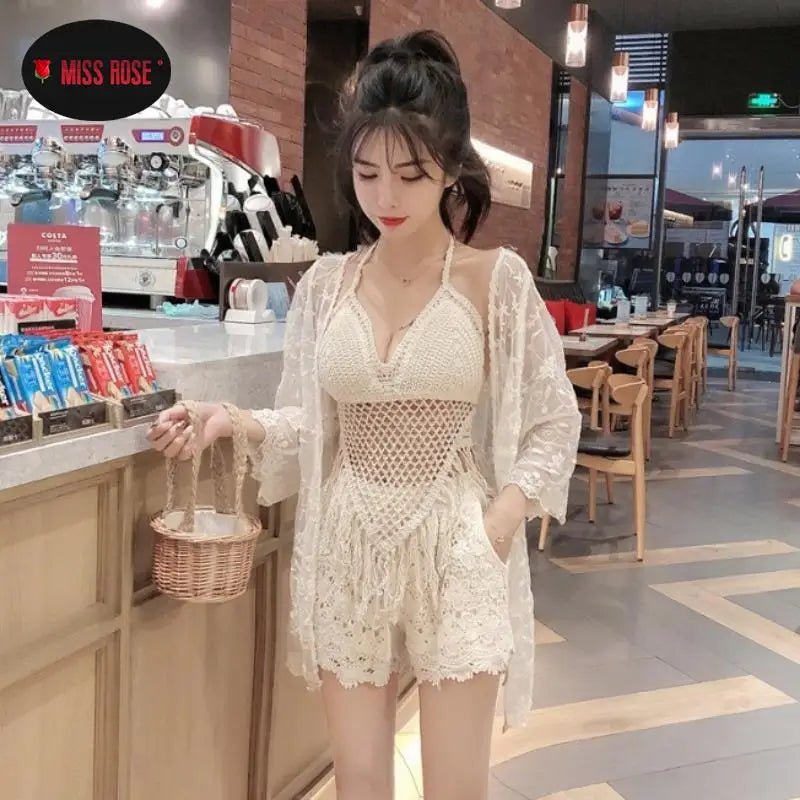 3pcs Women Open Cardigan Top Bra Set High Waist Crochet Cardigan & Shorts & Top Bikini Summer Fashion Beach Holiday Hollow Out