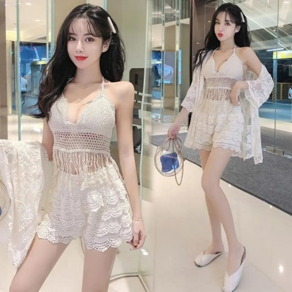 Three Piece Sets for Women Hollow Out Cardigan Halter Camisole Wide Leg Shorts Vacation Knitted Home Suits Beach Style E981