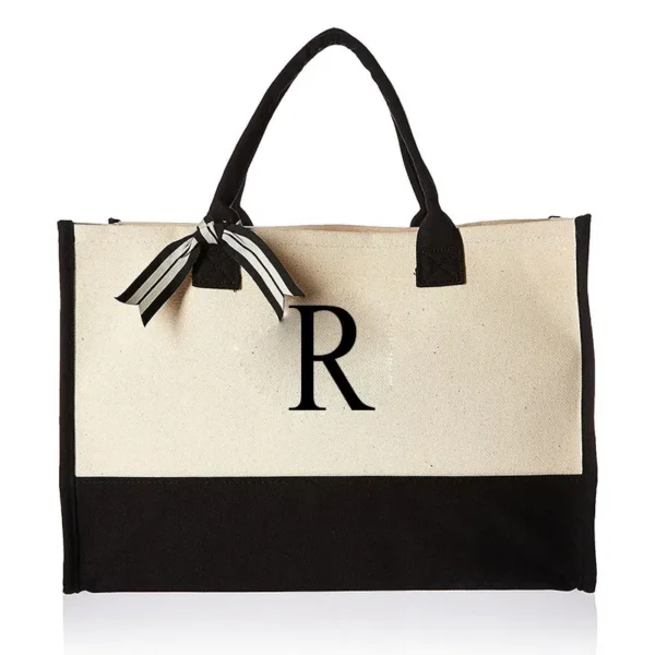 A-Z Canvas Totes bag Fashion Canvas Tote Letters Flower Portable Beach Shoulder Shopping Casual Beach Bag Large Capacity Handbag 26