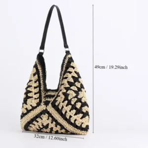 Women Straw Tote Bag Large Capacity Vintage Vacation Shoulder Bag Everything Casual Handbag Designer Hollow Summer Beach Bag 6