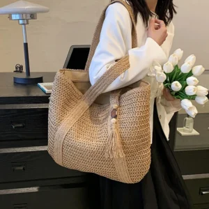 Large Capacity Straw Weave Tote Bag for Women Summer Beach Handbag Tassel Pendant Bohemian Shoulder Bag 2024 Ladies Travel Bag 1
