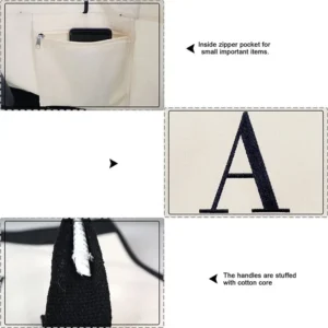 A-Z Canvas Totes bag Fashion Canvas Tote Letters Flower Portable Beach Shoulder Shopping Casual Beach Bag Large Capacity Handbag 6