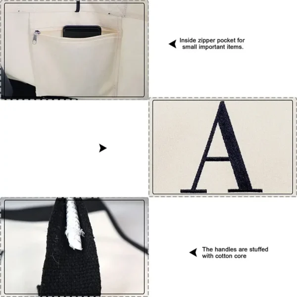 A-Z Canvas Totes bag Fashion Canvas Tote Letters Flower Portable Beach Shoulder Shopping Casual Beach Bag Large Capacity Handbag 6