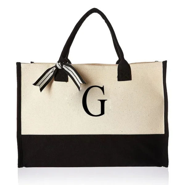 A-Z Canvas Totes bag Fashion Canvas Tote Letters Flower Portable Beach Shoulder Shopping Casual Beach Bag Large Capacity Handbag 11