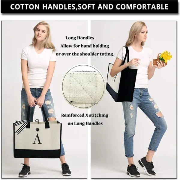 A-Z Canvas Totes bag Fashion Canvas Tote Letters Flower Portable Beach Shoulder Shopping Casual Beach Bag Large Capacity Handbag 5