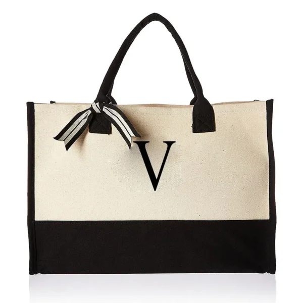 A-Z Canvas Totes bag Fashion Canvas Tote Letters Flower Portable Beach Shoulder Shopping Casual Beach Bag Large Capacity Handbag 30