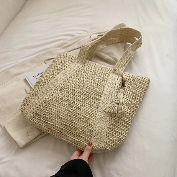 Large Capacity Straw Weave Tote Bag for Women Summer Beach Handbag Tassel Pendant Bohemian Shoulder Bag 2024 Ladies Travel Bag 5