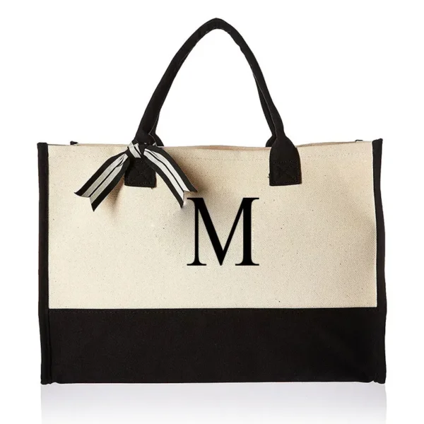 A-Z Canvas Totes bag Fashion Canvas Tote Letters Flower Portable Beach Shoulder Shopping Casual Beach Bag Large Capacity Handbag 17