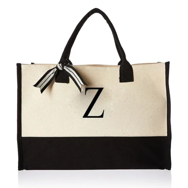 A-Z Canvas Totes bag Fashion Canvas Tote Letters Flower Portable Beach Shoulder Shopping Casual Beach Bag Large Capacity Handbag 33