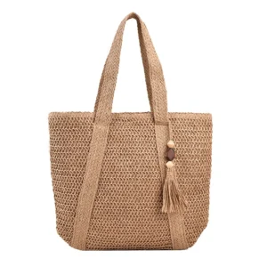 Large Capacity Straw Weave Tote Bag for Women Summer Beach Handbag Tassel Pendant Bohemian Shoulder Bag 2024 Ladies Travel Bag 9
