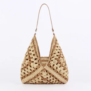 Women Straw Tote Bag Large Capacity Vintage Vacation Shoulder Bag Everything Casual Handbag Designer Hollow Summer Beach Bag 9